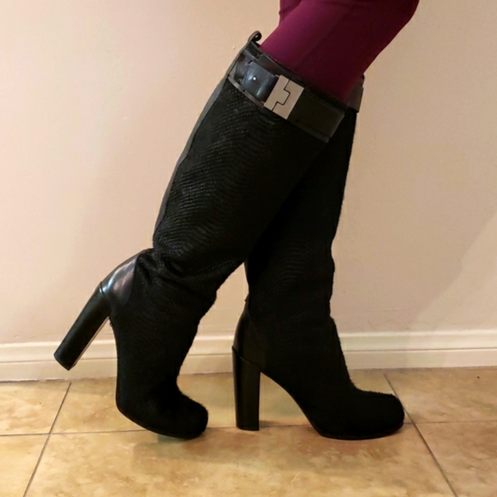 Rachel Zoe "Camille" Boot Mob Wife Club Goth Calf Hair Snake Skin Texture
